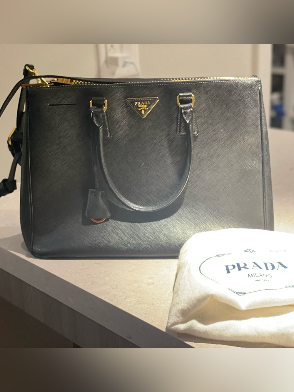 Authentic Prada Black Galleria Saffiano Leather Bag Large with Gold Hardware